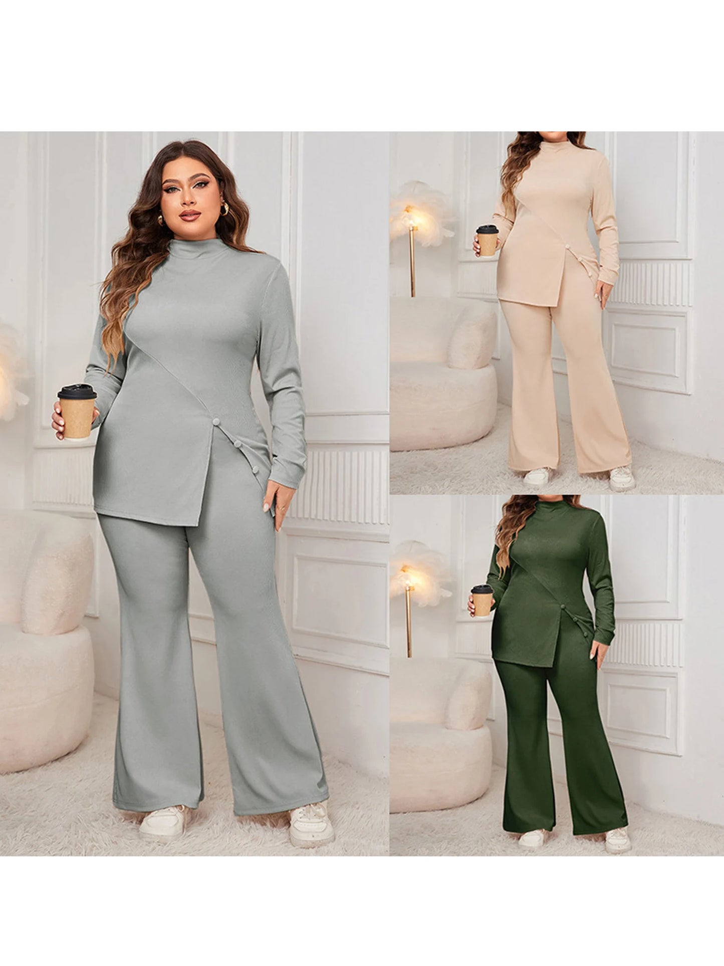 Elegant Plus Size Two Piece Set with Off-Shoulder Top and High Waist Wide Leg Pants for Women Casual Streetwear - AliExpress 200000345