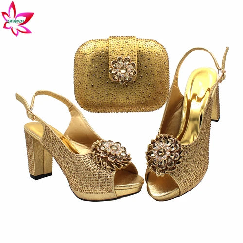 Golden Color New Coming African Women Shoes and Bag Set Decorate with Rhinestone for Wedding Comfortable Pumps with Platform