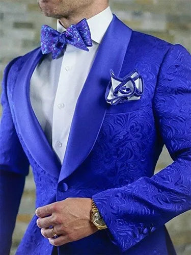 New Arrival Royal Blue Floral Men Suits for Wedding Latest Designs Groom Tuxedos Shawl Lapel Suit Men Groomsmen Best Man 2 Piece