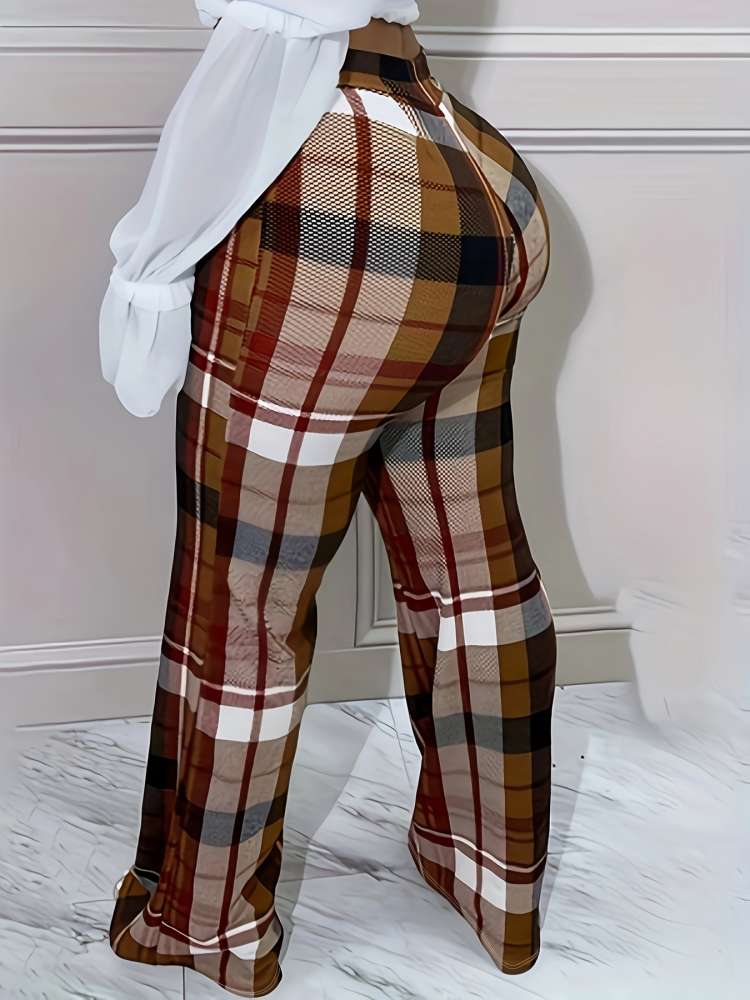 Colorblock Plaid High Rise Flared Pants