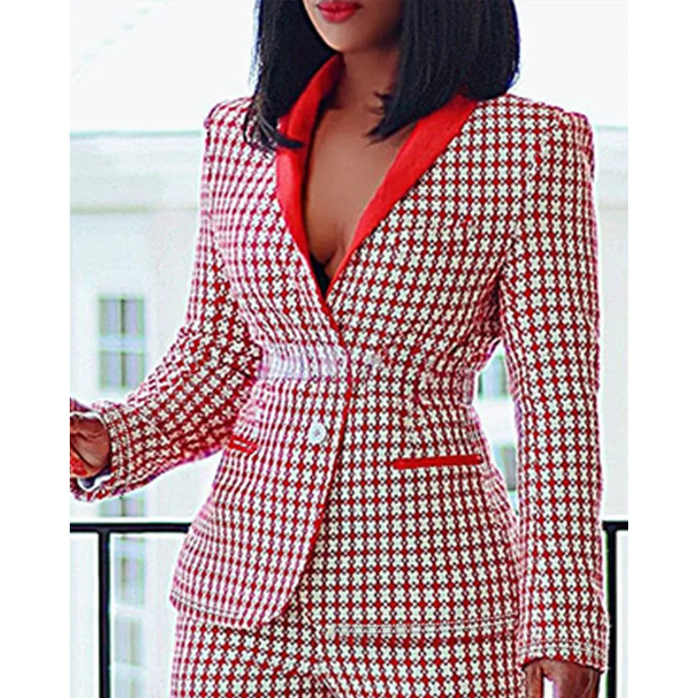 Plus Size Semi Formal Pant Set Red Plaid Lapel Collar Long Sleeve Two Piece Pant Set - AliExpress 200000345