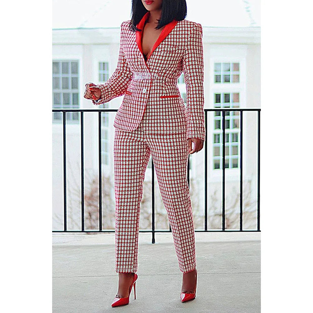 Plus Size Semi Formal Pant Set Red Plaid Lapel Collar Long Sleeve Two Piece Pant Set - AliExpress 200000345