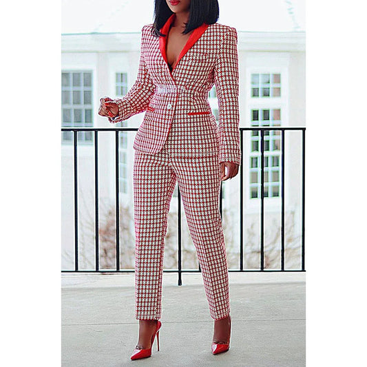 Plus Size Semi Formal Pant Set Red Plaid Lapel Collar Long Sleeve Two Piece Pant Set - AliExpress 200000345