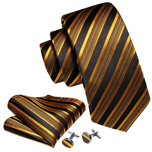 Barry.Wang Gold Silk Mens Tie Hanky Cufflinks Set Yellow Beige Orange Luxury Jacquard Necktie For Male Wedding Business Party