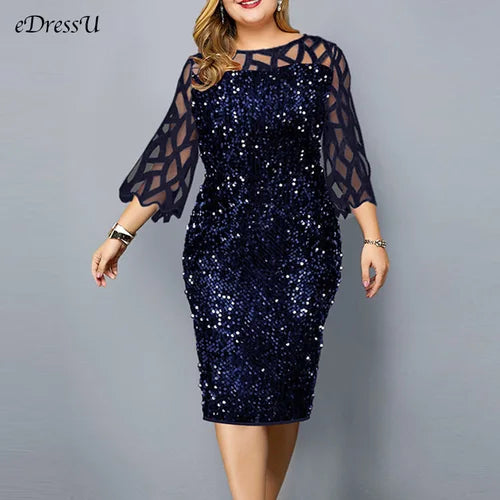 eDressU Women Sequins Lace Evening Party Dress 3/4 Sleeves Plus Size Mid-Calf Elegant Cocktail Formal Dress LYT-3187