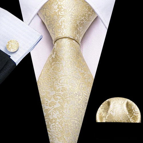 Barry.Wang Gold Silk Mens Tie Hanky Cufflinks Set Yellow Beige Orange Luxury Jacquard Necktie For Male Wedding Business Party