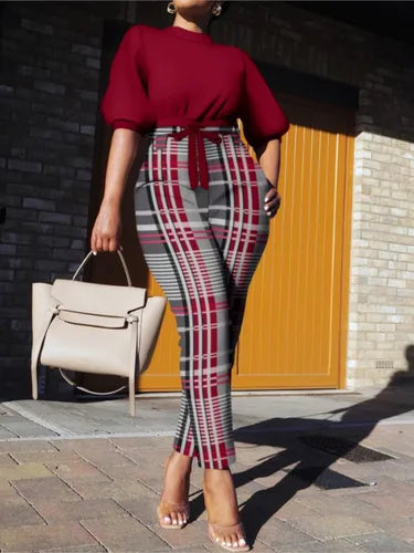 Fashion Plaid Print Two Pieces Sets Women's Autumn Lanntern Sleeve Top & High Waist Tied Slim Long Pants Casual Streetwear Set