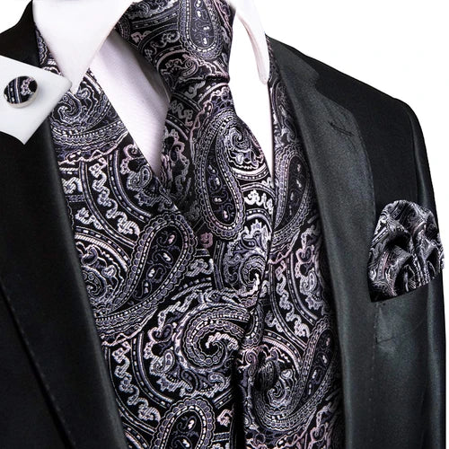 Dark Green Silk Men Vest Tie Elegant Solid Dress Sleeveless Jacket 4PC Hanky Cufflink Paisley Suit Waistcoat Wedding Gift Hi-Tie