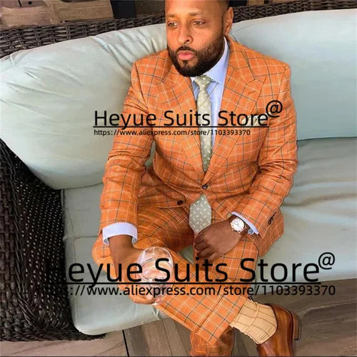 Large Size Orange Plaid Fashion Men Suits Custome Peak Lapel Groom Formal Tuxedos 2 Pcs Sets Business Male Blazer chaleco hombre