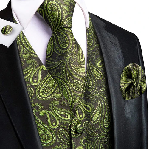 Dark Green Silk Men Vest Tie Elegant Solid Dress Sleeveless Jacket 4PC Hanky Cufflink Paisley Suit Waistcoat Wedding Gift Hi-Tie