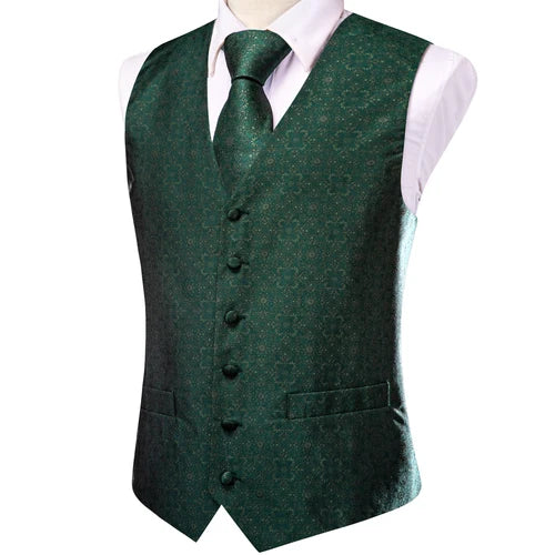 Dark Green Silk Men Vest Tie Elegant Solid Dress Sleeveless Jacket 4PC Hanky Cufflink Paisley Suit Waistcoat Wedding Gift Hi-Tie