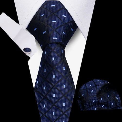 Luxurious Brand Designer Ties For Men Polyester Checkered Stripe Cufflinks Handkerchief Office Wedding Accessories Necktie Set