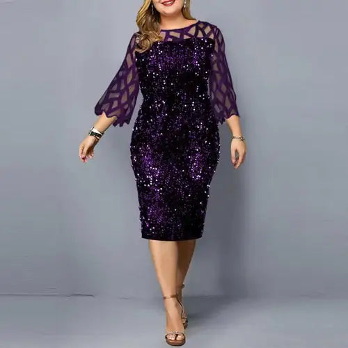 eDressU Women Sequins Lace Evening Party Dress 3/4 Sleeves Plus Size Mid-Calf Elegant Cocktail Formal Dress LYT-3187