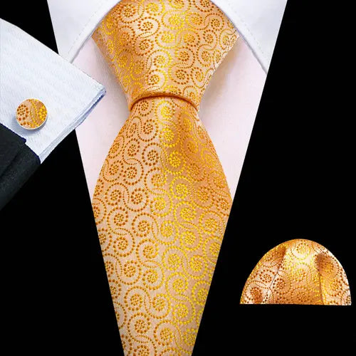 Barry.Wang Gold Silk Mens Tie Hanky Cufflinks Set Yellow Beige Orange Luxury Jacquard Necktie For Male Wedding Business Party