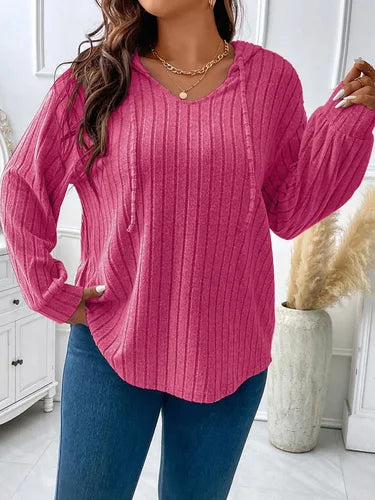 GIBSIE Plus Size Womens Tshirts Drawstring Hooded Long Sleeve Tops Tee Solid Ribbed Knit Casual T Shirts Fall Clothes 2023