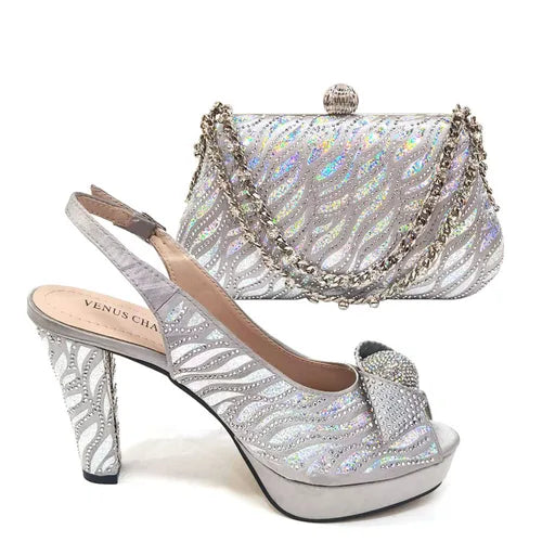 Venus Chan 2024 New Nigerian Style Rhinestone Women Heel Sandals for ladies Fashion Shoes And Bags Set For Women Wedding Party