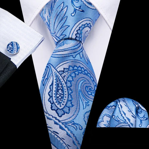 Barry.Wang Blue Silk Mens Tie Hanky Cufflinks Set Navy Royal Sky Peacock Lake Blue Necktie For Male Wedding Business Party Event