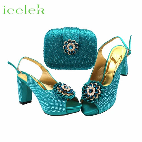 Newest Royal Blue Flower Design Elegant Design High Heel Ladies Sandal with Bag Set For Wedding Party Dress