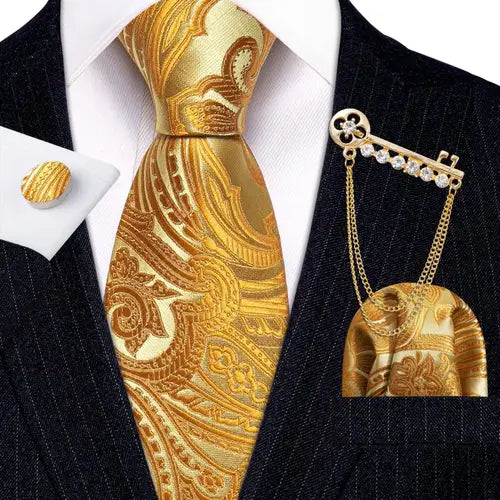 Barry.Wang Gold Jacquard Silk Mens Tie Hanky Cufflinks Brooch Set Yellow Beige Champagne Necktie For Male Wedding Business Gift