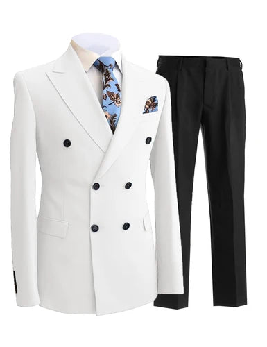 2 Pieces Gentleman Double Breasted Peak Lapel Blazer Mens Suit with Pants Formal White Beige  Jacket For Wedding Groom Tuxedos