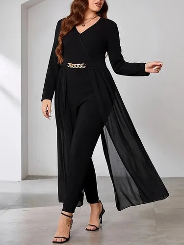 GIBSIE Plus Size Black Elegant V-neck Long Sleeve Jumpsuits Women Spring Fashion Party High Waist Slim Office Ladies Jumpsuit