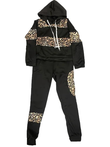 Streetwear Two Piece Sets Womens Outfits Casual Thickening Long Sleeves Hoodie Long Sleeve and Leopard Print Pants Suits Female