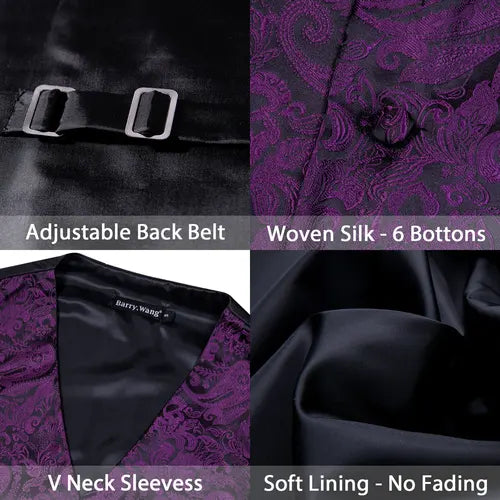 Designer Vest for Men Purple Embroidered Silk Waistcoat Tie Pocket Square Set Wedding Formal Male Suit Party Barry Wang