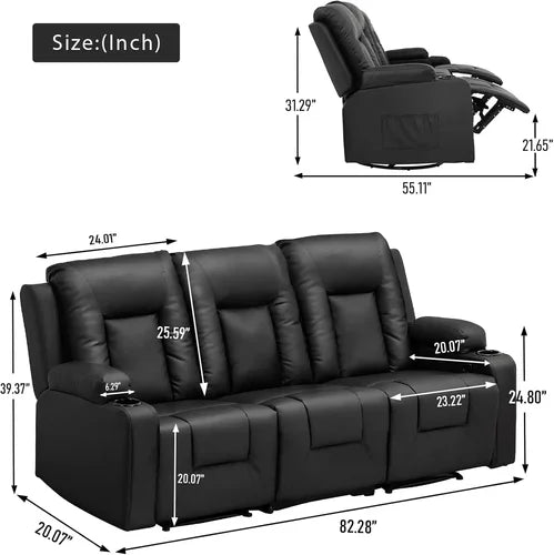 Recline Chair Set，Furniture 2PC Bonded Leather Recliner Set Living Room Set Sofa Loveseat BlackLiving Room Set 3 2