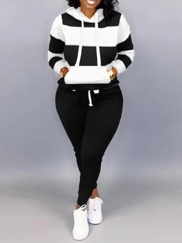 LW Plus Size Striped Drawstring Tracksuit Set Autumn Women Hoodie Pants Set Striped Printed Hooded Long Sleeve Warm Sweatshirts