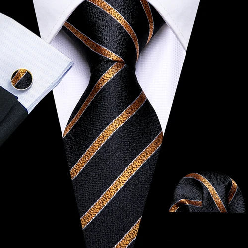 Barry.Wang Gold Beige Yellow Brown Tulip Silk Men Tie Handkerchief Cufflink Set Jacquard Necktie for Male Wedding Business Party