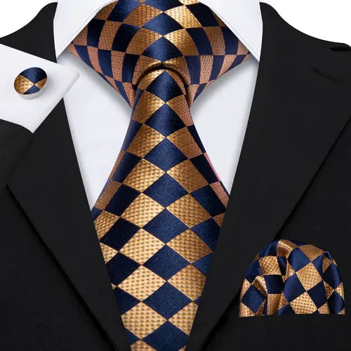 Barry.Wang Gold Silk Mens Tie Hanky Cufflinks Set Yellow Beige Orange Luxury Jacquard Necktie For Male Wedding Business Party