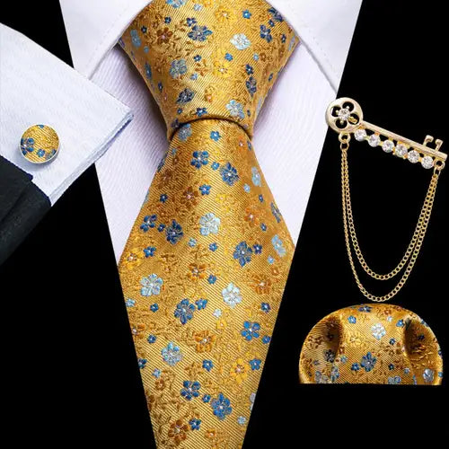 Barry.Wang Gold Jacquard Silk Mens Tie Hanky Cufflinks Brooch Set Yellow Beige Champagne Necktie For Male Wedding Business Gift