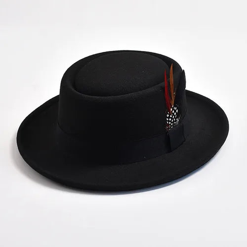 NEW Vintage Pork Pie Hat Mens Rolled Brim Felt Fedora Hat with Feather Gentleman Church Cap Trilby Jazz Hats