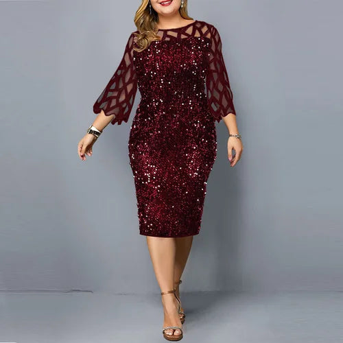 eDressU Women Sequins Lace Evening Party Dress 3/4 Sleeves Plus Size Mid-Calf Elegant Cocktail Formal Dress LYT-3187