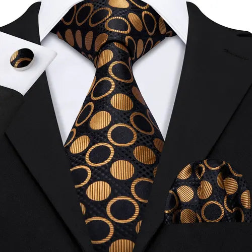 Barry.Wang Gold Silk Mens Tie Hanky Cufflinks Set Yellow Beige Orange Luxury Jacquard Necktie For Male Wedding Business Party