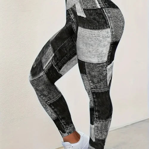 Women's 1XL-5XL  Plus-size Fashion Printed Leggings Spliced Plaid Slim Exercise Yoga Pants High-waisted Leggings