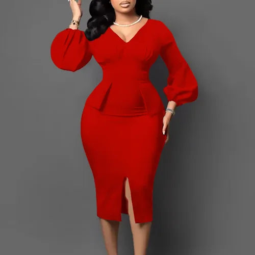 Elegant Office Dress for Women Professional V Neck Full Sleeve Sheath Package Hips Mid Calf Formal Business Work Wear Dress Midi