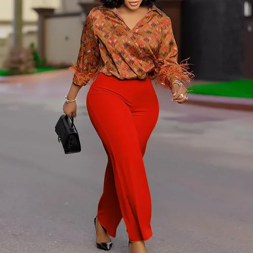 Autumn Winter Fashion Printed Two Piece Set African Women Office Ladies Satin Printed Shirt Wide Leg Pants Two Piece Set Women