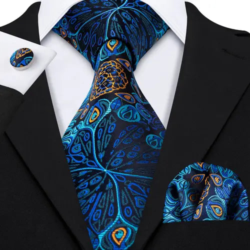 Barry.Wang Blue Silk Mens Tie Hanky Cufflinks Set Navy Royal Sky Peacock Lake Blue Necktie For Male Wedding Business Party Event