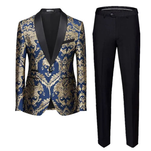 New Men Jacquard Suit 2 Piece Black / Blue / Red Fashion Male Luxury Business Wedding Prom Party Dress Blazer Jacket and Pants