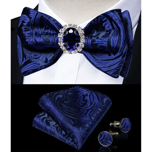 Classic Royal Blue Paisley Bowtie Handkerchief Cufflinks Ring Brooch Set for Man Tuxedo Business Party Wedding Fashion Bow Ties