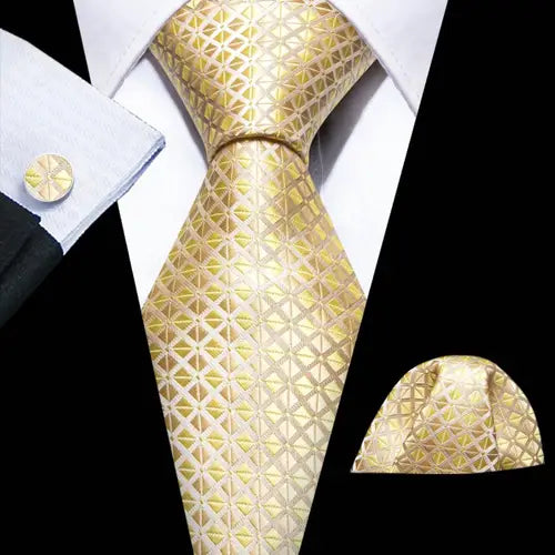 Barry.Wang Gold Beige Yellow Brown Tulip Silk Men Tie Handkerchief Cufflink Set Jacquard Necktie for Male Wedding Business Party