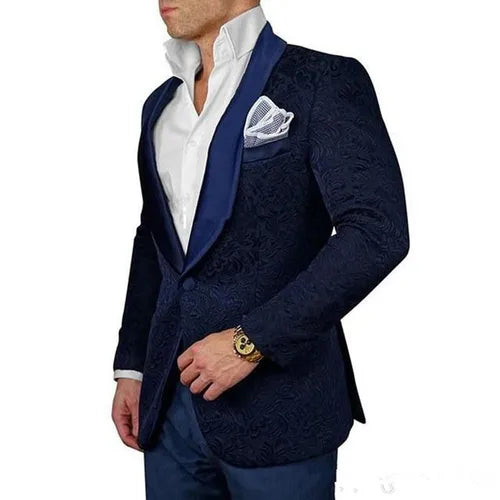 New Arrival Royal Blue Floral Men Suits for Wedding Latest Designs Groom Tuxedos Shawl Lapel Suit Men Groomsmen Best Man 2 Piece