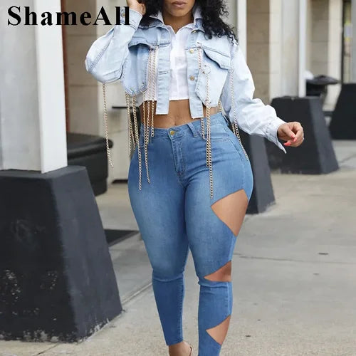 Plus Size Street Asymmetrical Cut Hole Stretchy Skinny Jeans 3XL Women Party Club Outfits Sexy Riped Mid Waist Pencil Denim Pant