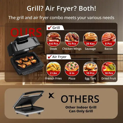 Indoor Grill Air Fryer/Griddle Combo With See Through Window, 4Qt  7-in-1 Smart Smokeless Electric Grill, Versatile Efficient