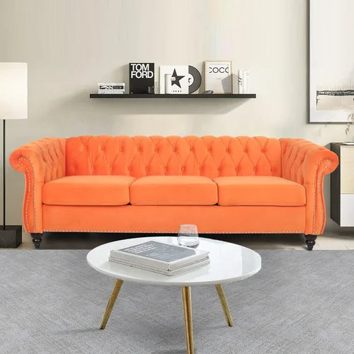 3 Seater Sofa, Mid-Century Modern Sofa Couch, 81.8" Chesterfield Velvet Upholstered Sofa with PU Armrest