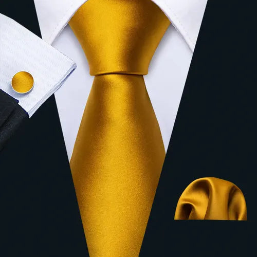 Barry.Wang Gold Beige Yellow Brown Tulip Silk Men Tie Handkerchief Cufflink Set Jacquard Necktie for Male Wedding Business Party