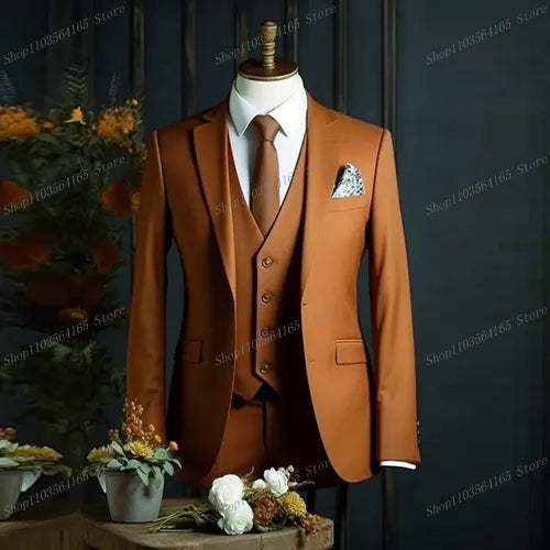 Dark Orange Men Suits Formal Occasion Groom Groomsman Wedding Party Prom Business Male Tuxedos 3 Piece Set Blazer Vest Pants