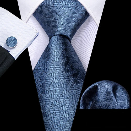 Barry.Wang Blue Silk Mens Tie Hanky Cufflinks Set Navy Royal Sky Peacock Lake Blue Necktie For Male Wedding Business Party Event