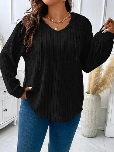 GIBSIE Plus Size Womens Tshirts Drawstring Hooded Long Sleeve Tops Tee Solid Ribbed Knit Casual T Shirts Fall Clothes 2023